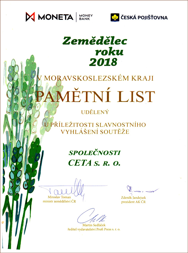 Pamětní list – Zemědělec roku 2018 v Moravskoslezském kraji